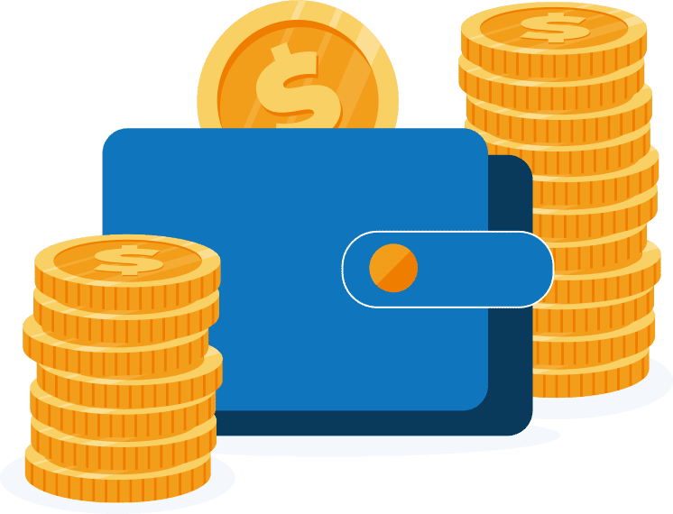 Illustration of a wallet surrounded by stacks of coins, symbolizing financial management, savings, and economic growth.